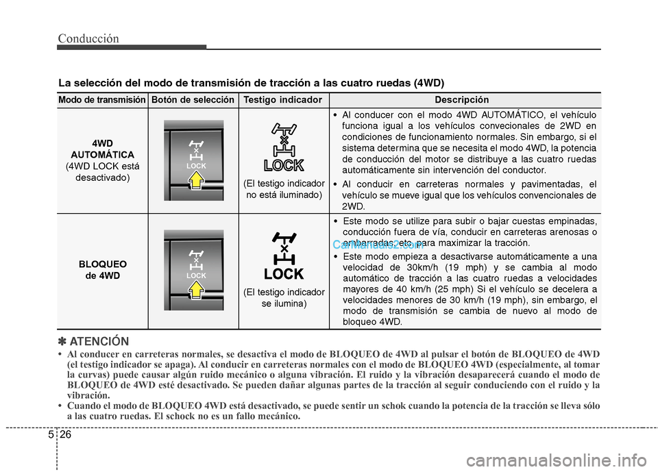 Hyundai Santa Fe 2012  Manual del propietario (in Spanish) Conducción
26 5
✽
✽
ATENCIÓN
• Al conducer en carreteras normales, se desactiva el modo de BLOQUEO de 4WD al pulsar el botón de BLOQUEO de 4WD
(el testigo indicador se apaga). Al conducir en 
