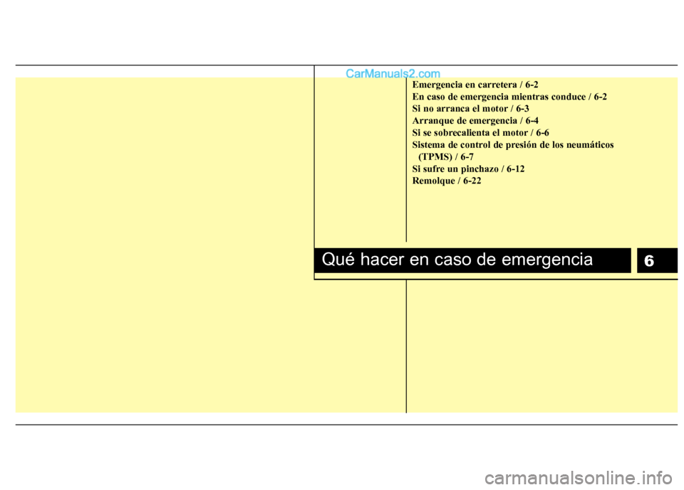 Hyundai Santa Fe 2012  Manual del propietario (in Spanish) 6
Emergencia en carretera / 6-2
En caso de emergencia mientras conduce / 6-2
Si no arranca el motor / 6-3
Arranque de emergencia / 6-4
Si se sobrecalienta el motor / 6-6
Sistema de control de presión