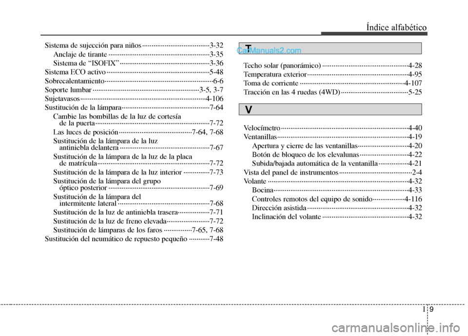 Hyundai Santa Fe 2012  Manual del propietario (in Spanish) I9
Índice alfabético
Sistema de sujección para niños ····································3-32
Anclaje de tirante ·······················