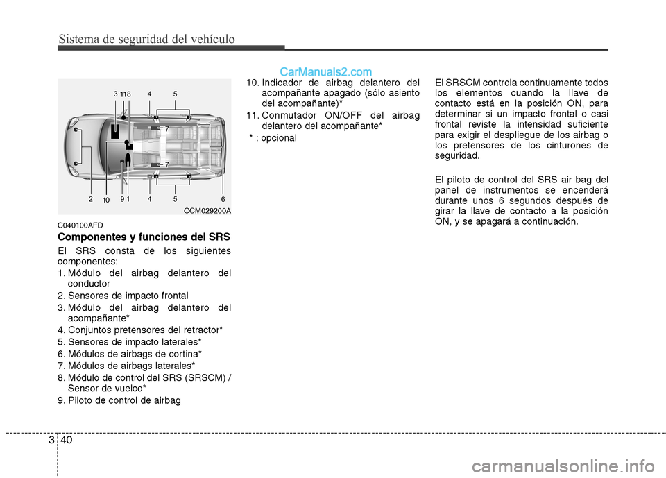 Hyundai Santa Fe 2012  Manual del propietario (in Spanish) Sistema de seguridad del vehículo
40 3
C040100AFD
Componentes y funciones del SRS
El SRS consta de los siguientes
componentes:
1. Módulo del airbag delantero del
conductor
2. Sensores de impacto fro