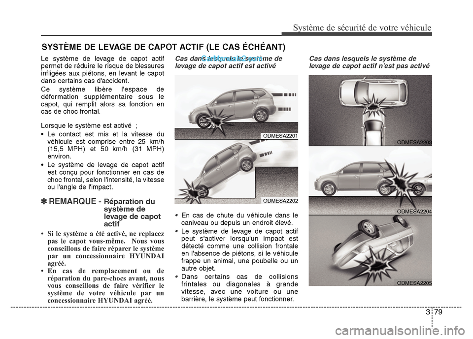 Hyundai Santa Fe 2012  Manuel du propriétaire (in French) 379
Système de sécurité de votre véhicule 
Le système de levage de capot actif
permet de réduire le risque de blessures
infligées aux piétons, en levant le capot
dans certains cas daccident.
