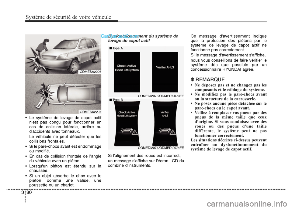 Hyundai Santa Fe 2012  Manuel du propriétaire (in French) • Le système de levage de capot actif
nest pas conçu pour fonctionner en
cas de collision latérale, arrière ou
daccidents avec tonneaux.
Le véhicule ne peut détecter que les
collisions front