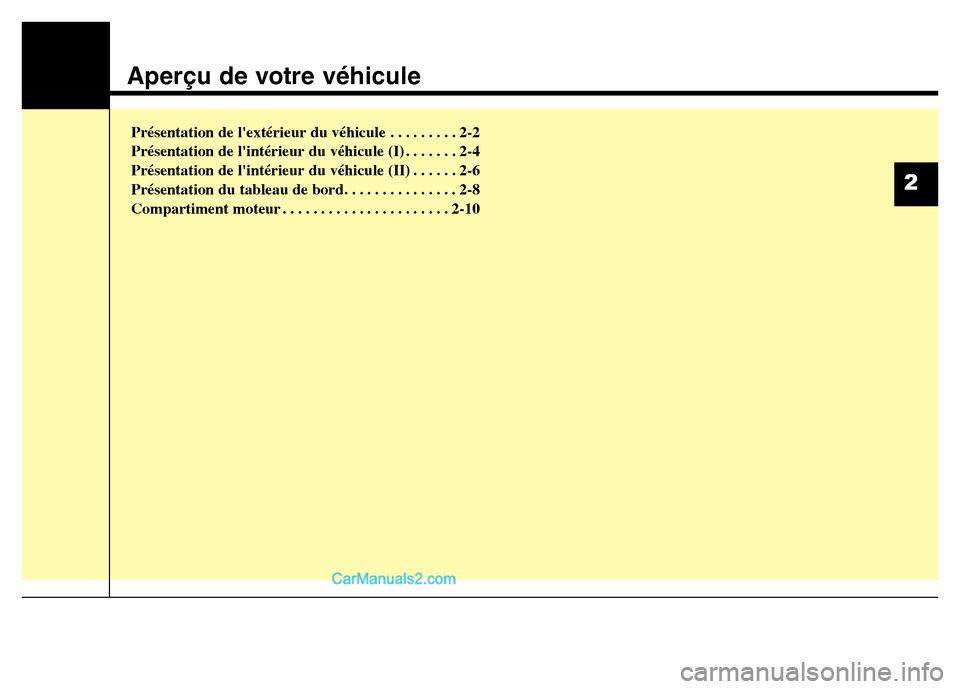 Hyundai Santa Fe 2012  Manuel du propriétaire (in French) Aperçu de votre véhicule
Présentation de lextérieur du véhicule . . . . . . . . . 2-2
Présentation de lintérieur du véhicule (I) . . . . . . . 2-4
Présentation de lintérieur du véhicule 