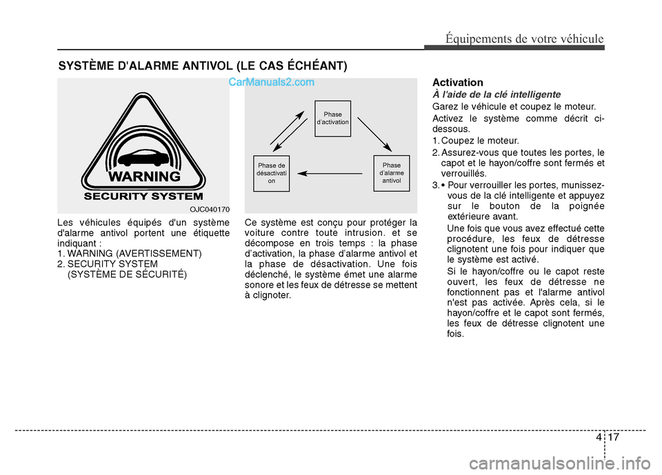 Hyundai Santa Fe 2012  Manuel du propriétaire (in French) 417
Équipements de votre véhicule
Les véhicules équipés dun système
dalarme antivol portent une étiquette
indiquant :
1. WARNING (AVERTISSEMENT)
2. SECURITY SYSTEM 
(SYSTÈME DE SÉCURITÉ)Ce