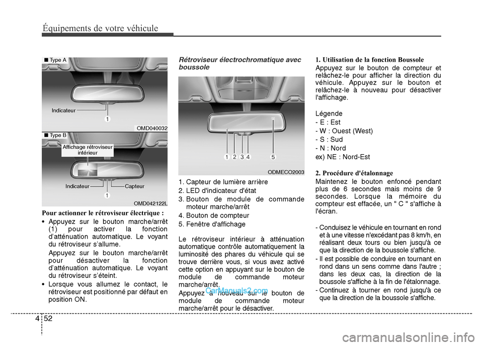 Hyundai Santa Fe 2012  Manuel du propriétaire (in French) Équipements de votre véhicule
52 4
Pour actionner le rétroviseur électrique :
• Appuyez sur le bouton marche/arrêt
(1) pour activer la fonction
d’atténuation automatique. Le voyant
du rétro