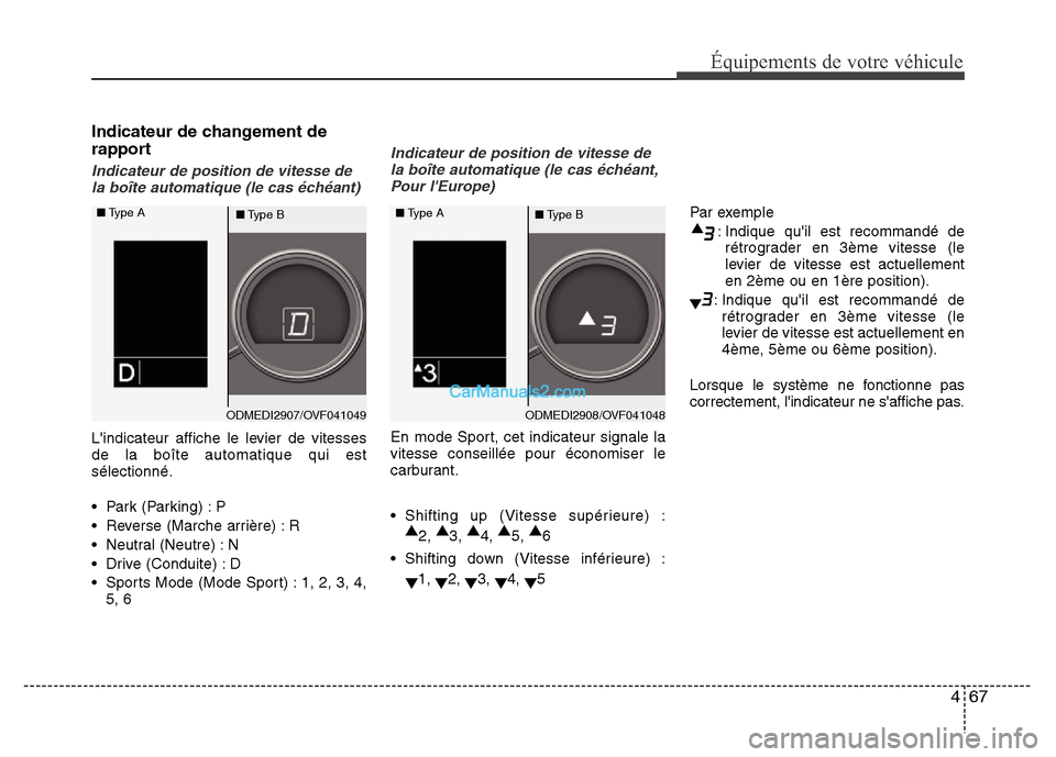 Hyundai Santa Fe 2012  Manuel du propriétaire (in French) 467
Équipements de votre véhicule
Indicateur de changement de
rapport
Indicateur de position de vitesse de
la boîte automatique (le cas échéant)
Lindicateur affiche le levier de vitesses
de la b