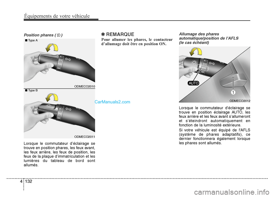 Hyundai Santa Fe 2012  Manuel du propriétaire (in French) Équipements de votre véhicule
132 4
Position phares ( )
Lorsque le commutateur d’éclairage se
trouve en position phares, les feux avant,
les feux arrière, les feux de position, les
feux de la pl