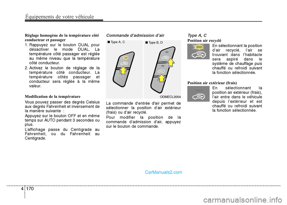 Hyundai Santa Fe 2012  Manuel du propriétaire (in French) 170 4
Équipements de votre véhicule
Réglage homogène de la température côté
conducteur et passager
1. Rappuyez sur le bouton DUAL pour
désactiver le mode DUAL. La
température côté passager 