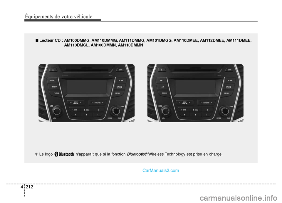 Hyundai Santa Fe 2012  Manuel du propriétaire (in French) 212 4
Équipements de votre véhicule
■ Lecteur CD : AM100DMMG, AM110DMMG, AM111DMMG, AM101DMGG, AM110DMEE, AM112DMEE, AM111DMEE,
AM110DMGL, AM100DMMN, AM110DMMN
❋Le logo  napparaît que si la fo