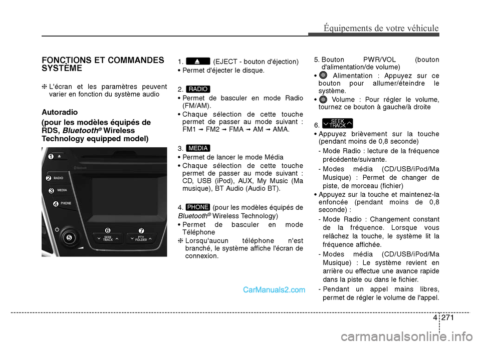 Hyundai Santa Fe 2012  Manuel du propriétaire (in French) 4271
Équipements de votre véhicule
FONCTIONS ET COMMANDES
SYSTÈME
❈ Lécran et les paramètres peuvent
varier en fonction du système audio
Autoradio
(pour les modèles équipés de
RDS,
Bluetoo