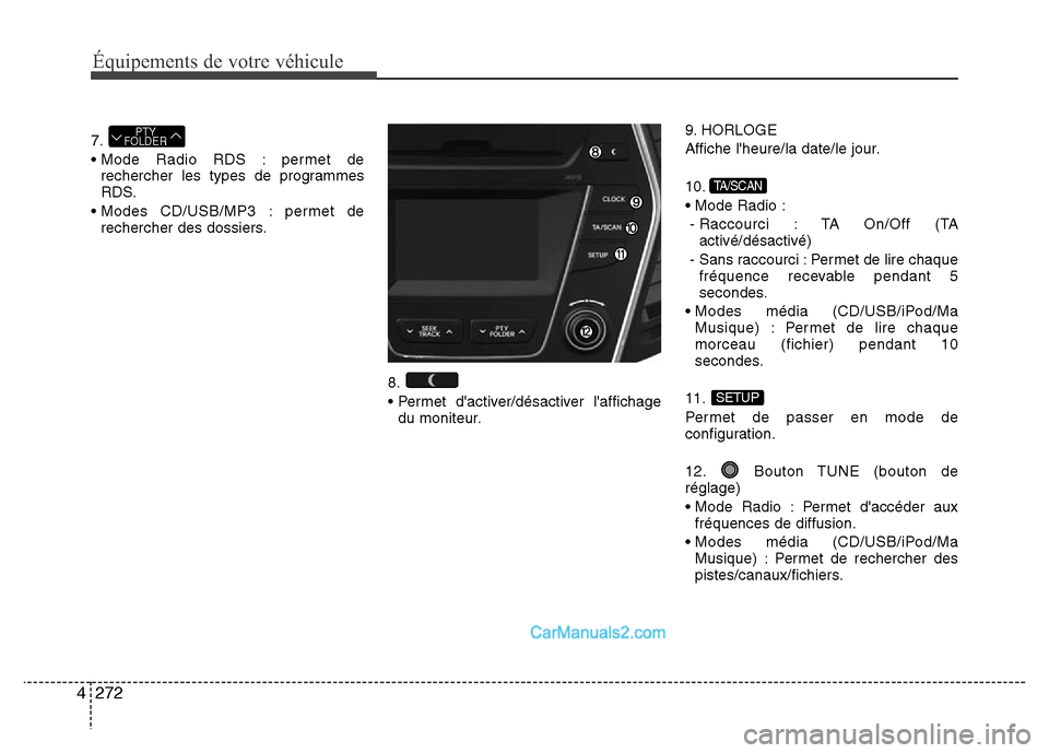 Hyundai Santa Fe 2012  Manuel du propriétaire (in French) 272 4
Équipements de votre véhicule
7.
• Mode Radio RDS : permet de
rechercher les types de programmes
RDS.
• Modes CD/USB/MP3 : permet de
rechercher des dossiers.
8.
• Permet dactiver/désac