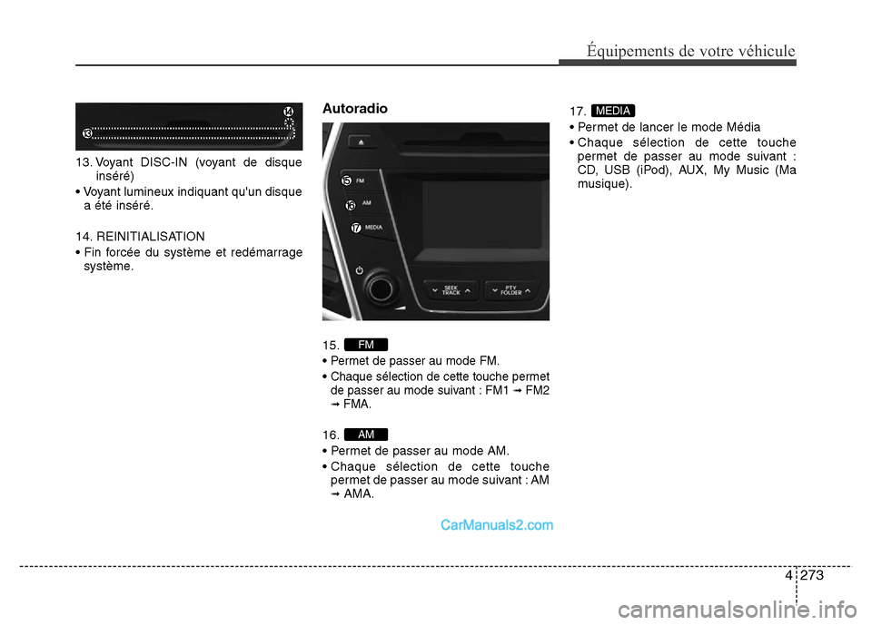 Hyundai Santa Fe 2012  Manuel du propriétaire (in French) 4273
Équipements de votre véhicule
13. Voyant DISC-IN (voyant de disque
inséré)
• Voyant lumineux indiquant quun disque
a été inséré.
14. REINITIALISATION
• Fin forcée du système et red
