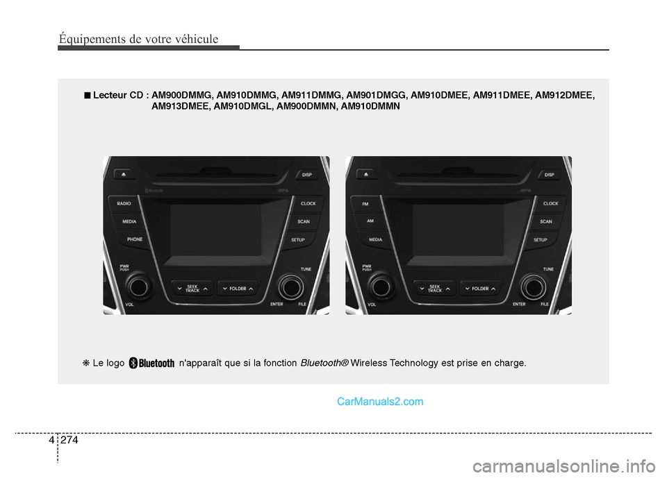 Hyundai Santa Fe 2012  Manuel du propriétaire (in French) 274 4
Équipements de votre véhicule
■ Lecteur CD : AM900DMMG, AM910DMMG, AM911DMMG, AM901DMGG, AM910DMEE, AM911DMEE, AM912DMEE,
AM913DMEE, AM910DMGL, AM900DMMN, AM910DMMN
❋Le logo  napparaît q
