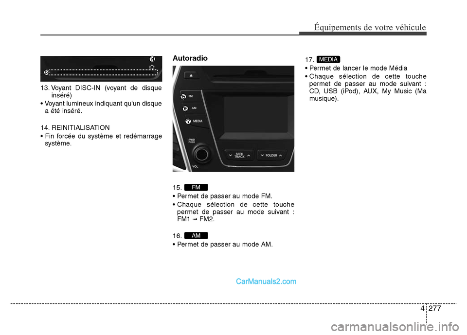 Hyundai Santa Fe 2012  Manuel du propriétaire (in French) 4277
Équipements de votre véhicule
13. Voyant DISC-IN (voyant de disque
inséré)
• Voyant lumineux indiquant quun disque
a été inséré.
14. REINITIALISATION
• Fin forcée du système et red