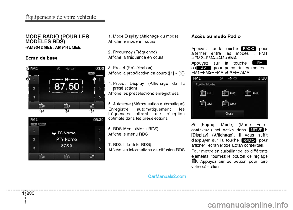 Hyundai Santa Fe 2012  Manuel du propriétaire (in French) 280 4
Équipements de votre véhicule
MODE RADIO (POUR LES
MODÈLES RDS)
-AM904DMEE, AM914DMEE
Ecran de base
1. Mode Display (Affichage du mode)
Affiche le mode en cours
2. Frequency (Fréquence)
Affi