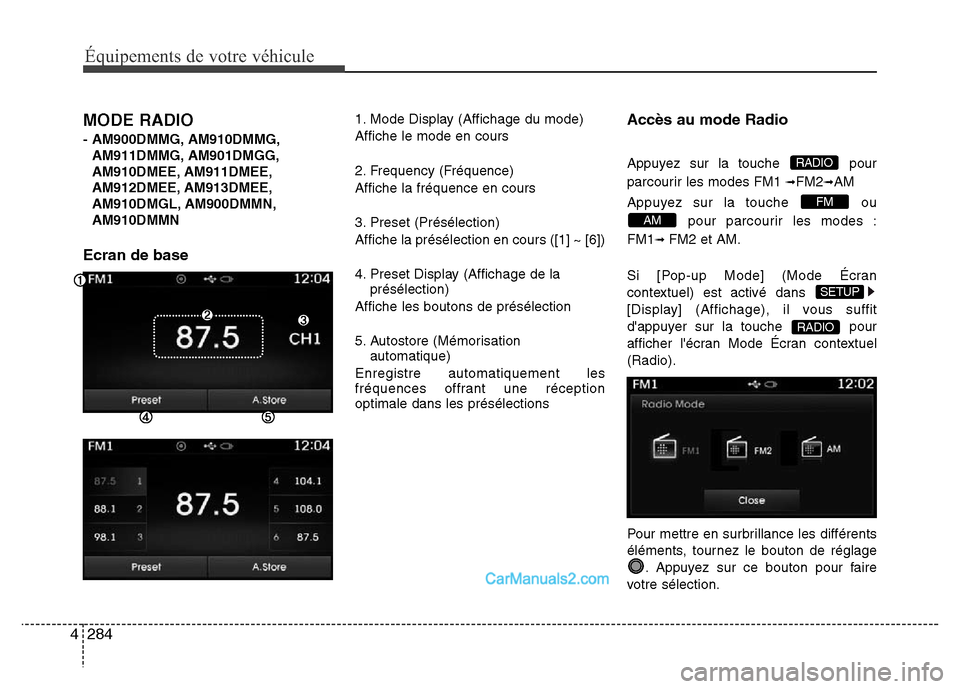 Hyundai Santa Fe 2012  Manuel du propriétaire (in French) 284 4
Équipements de votre véhicule
MODE RADIO 
- AM900DMMG, AM910DMMG,
AM911DMMG, AM901DMGG,
AM910DMEE, AM911DMEE,
AM912DMEE, AM913DMEE,
AM910DMGL, AM900DMMN,
AM910DMMN
Ecran de base
1. Mode Displa