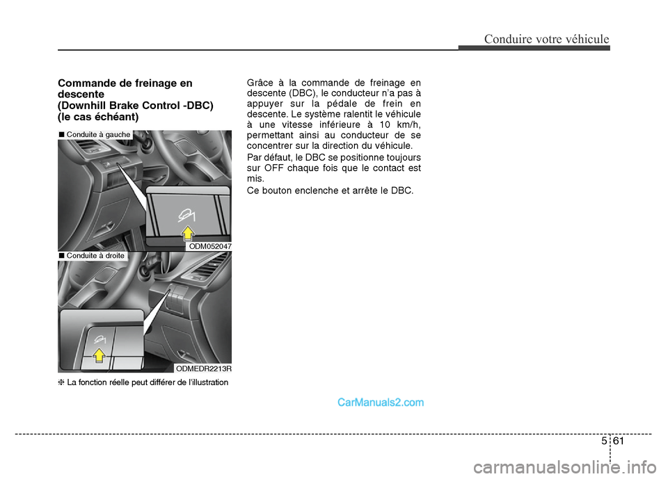 Hyundai Santa Fe 2012  Manuel du propriétaire (in French) 561
Conduire votre véhicule
Commande de freinage en
descente 
(Downhill Brake Control -DBC) 
(le cas échéant)
❈La fonction réelle peut différer de lillustration
Grâce à la commande de freina