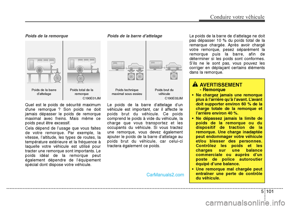 Hyundai Santa Fe 2012  Manuel du propriétaire (in French) 5 101
Conduire votre véhicule
AVERTISSEMENT - Remorque
• Ne chargez jamais une remorque
plus à l’arrière qu’à l’avant. L’avant
doit supporter environ 60 % de la
charge totale de la remor