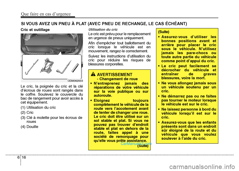 Hyundai Santa Fe 2012 Manuel du propriétaire (in French) Que faire en cas d’urgence
16 6
SI VOUS AVEZ UN PNEU À PLAT (AVEC PNEU DE RECHANGE, LE CAS ÉCHÉANT)
Cric et outillage
Le cric, la poignée du cric et la clé
d’écrous de roues sont rangés dan Hyundai Santa Fe 2012 Manuel du propriétaire (in French) Que faire en cas d’urgence
16 6
SI VOUS AVEZ UN PNEU À PLAT (AVEC PNEU DE RECHANGE, LE CAS ÉCHÉANT)
Cric et outillage
Le cric, la poignée du cric et la clé
d’écrous de roues sont rangés dan
