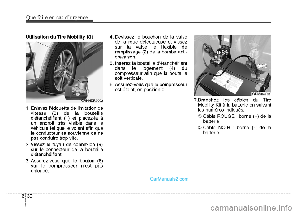 Hyundai Santa Fe 2012  Manuel du propriétaire (in French) Que faire en cas d’urgence
30 6
Utilisation du Tire Mobility Kit 
1. Enlevez létiquette de limitation de
vitesse (0) de la bouteille
détanchéifiant (1) et placez-la à
un endroit très visible 