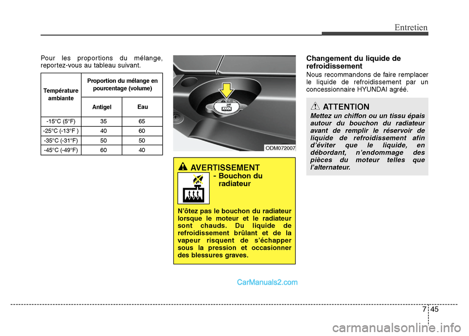 Hyundai Santa Fe 2012  Manuel du propriétaire (in French) 745
Entretien
Pour les proportions du mélange,
reportez-vous au tableau suivant.Changement du liquide de
refroidissement
Nous recommandons de faire remplacer
le liquide de refroidissement par un
conc