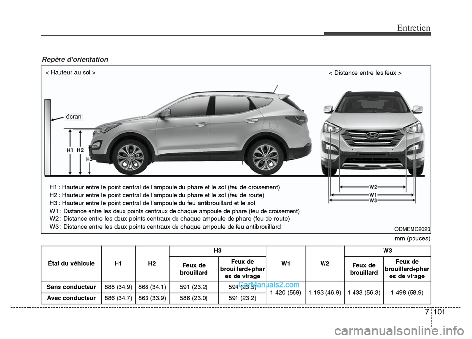 Hyundai Santa Fe 2012  Manuel du propriétaire (in French) 7 101
Entretien
mm (pouces) < Hauteur au sol >
< Distance entre les feux >
H1 : Hauteur entre le point central de lampoule du phare et le sol (feu de croisement)
H2 : Hauteur entre le point central d