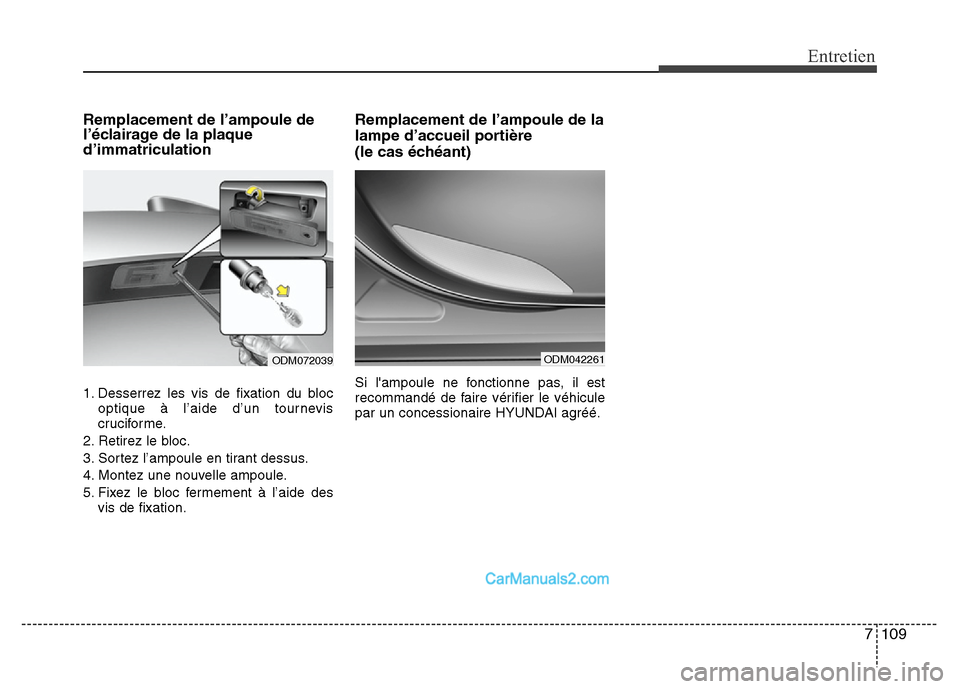 Hyundai Santa Fe 2012  Manuel du propriétaire (in French) 7 109
Entretien
Remplacement de l’ampoule de
l’éclairage de la plaque
d’immatriculation
1. Desserrez les vis de fixation du bloc
optique à l’aide d’un tournevis
cruciforme.
2. Retirez le b