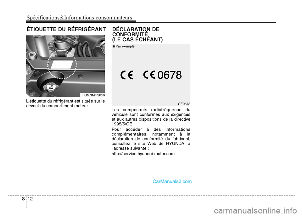 Hyundai Santa Fe 2012  Manuel du propriétaire (in French) Létiquette du réfrigérant est située sur le
devant du compartiment moteur.
Les composants radiofréquence du
véhicule sont conformes aux exigences
et aux autres dispositions de la directive
1995