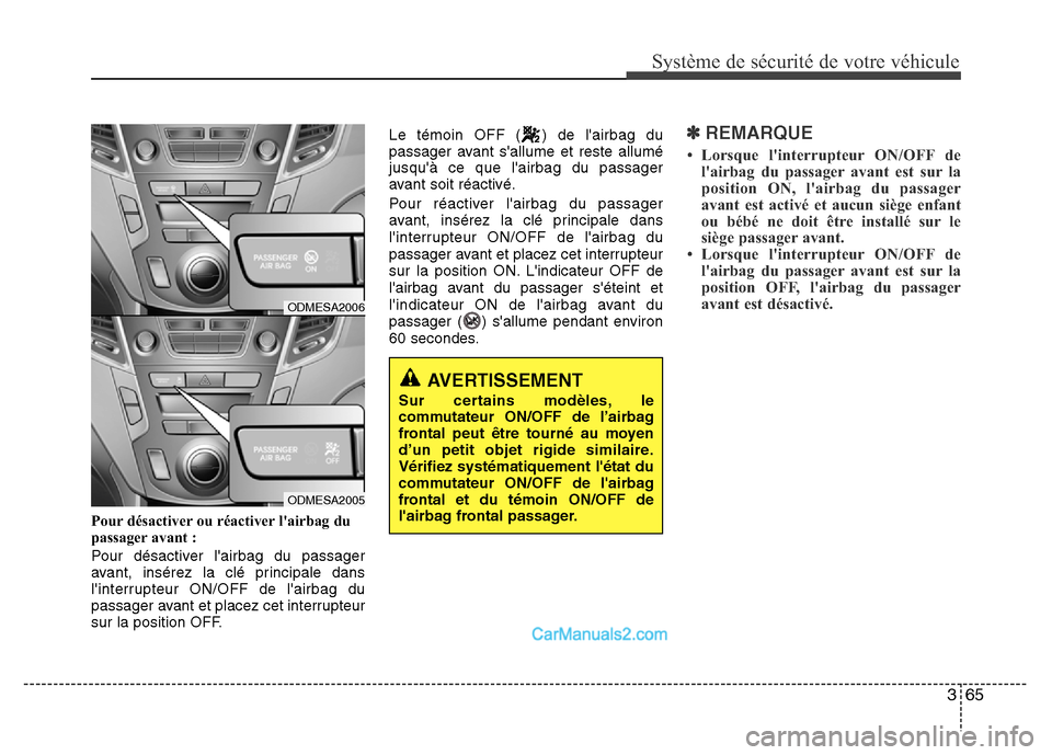 Hyundai Santa Fe 2012  Manuel du propriétaire (in French) 365
Système de sécurité de votre véhicule 
Pour désactiver ou réactiver lairbag du
passager avant :
Pour désactiver lairbag du passager
avant, insérez la clé principale dans
linterrupteur 