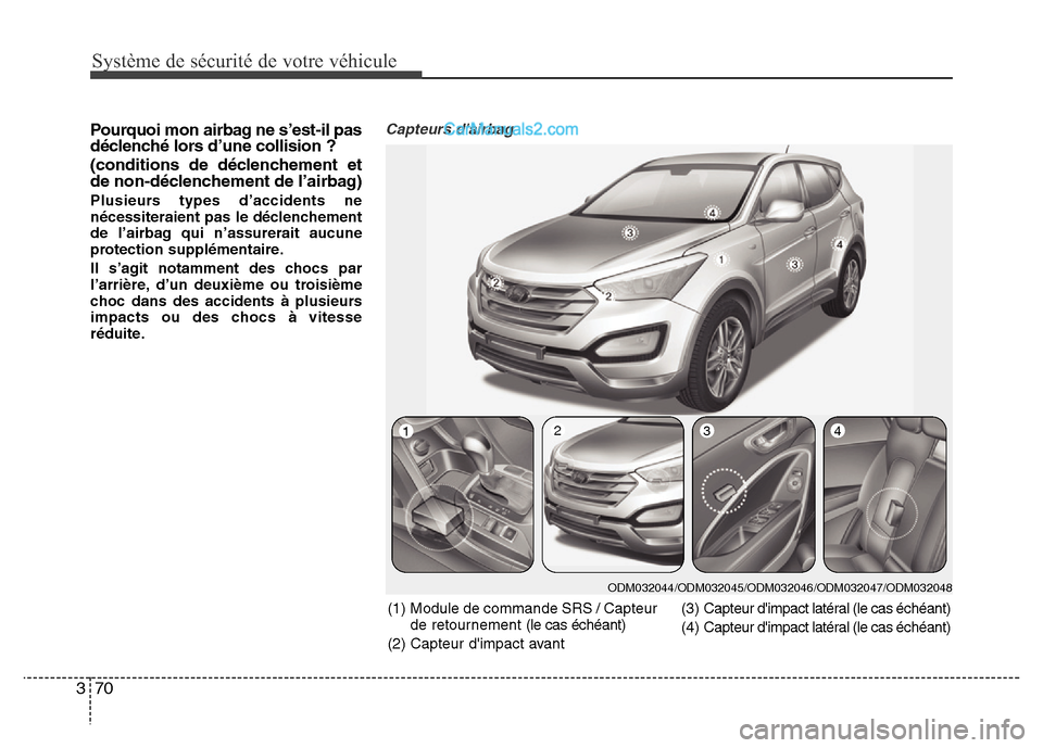 Hyundai Santa Fe 2012  Manuel du propriétaire (in French) Système de sécurité de votre véhicule 
70 3
Pourquoi mon airbag ne s’est-il pas
déclenché lors d’une collision ? 
(conditions de déclenchement et
de non-déclenchement de l’airbag)
Plusie