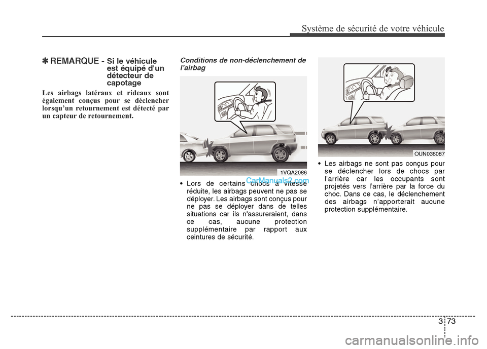 Hyundai Santa Fe 2012  Manuel du propriétaire (in French) 373
Système de sécurité de votre véhicule 
✽ REMARQUE - Si le véhicule
est équipé dun
détecteur de
capotage
Les airbags latéraux et rideaux sont
également conçus pour se déclencher
lors