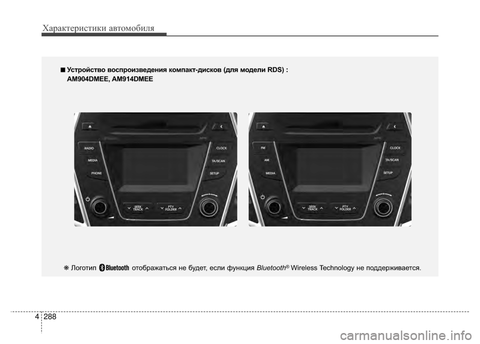 Hyundai Santa Fe 2012  Инструкция по эксплуатации (in Russian) Характер\bст\bк\b авто\fоб\bля
288
4
■
■  
 УсKfройсKfво воспроизведения компакKf-дисков (для модели RDS) :
AM904DMEE, AM914DMEE
❋ 