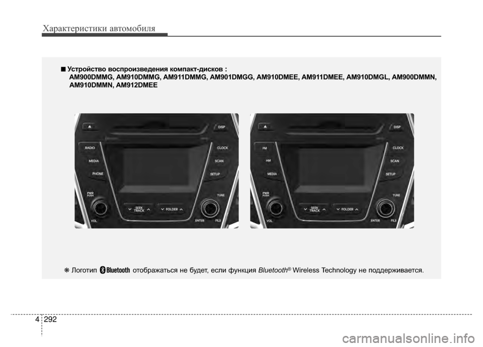 Hyundai Santa Fe 2012  Инструкция по эксплуатации (in Russian) Характер\bст\bк\b авто\fоб\bля
292
4
■
■  
 УсKfройсKfво воспроизведения компакKf-дисков :
AM900DMMG, AM910DMMG, AM911DMMG, AM901DMGG, AM910DM