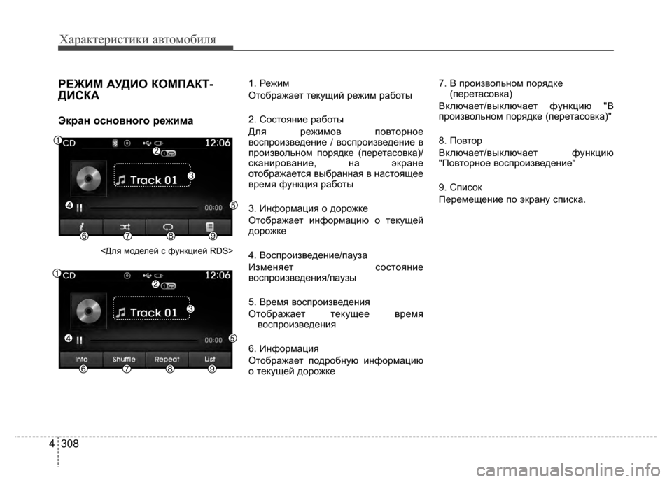 Hyundai Santa Fe 2012  Инструкция по эксплуатации (in Russian) Характер\bст\bк\b авто\fоб\bля
308
4
РЕЖKaМ АУДKaО КОМПАКТ-
ДKaСКА
Экран основного режима
<Для моделей V9 функцией RDS>
1. 