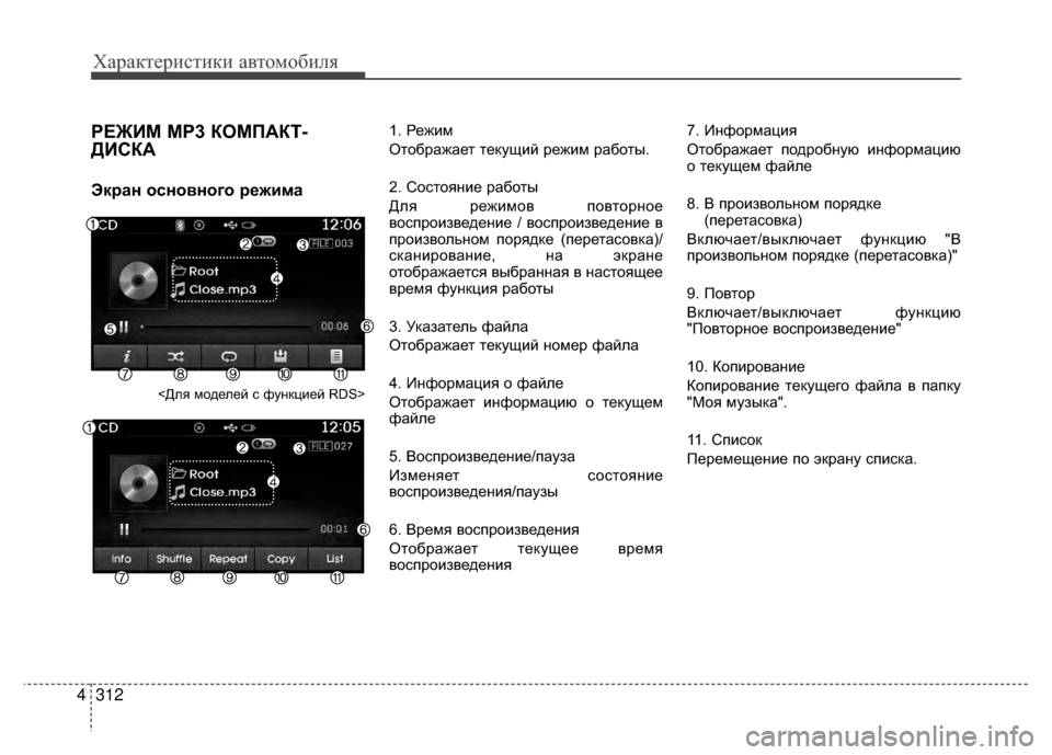 Hyundai Santa Fe 2012  Инструкция по эксплуатации (in Russian) Характер\bст\bк\b авто\fоб\bля
312
4
РЕЖKaМ MP3 КОМПАКТ-
ДKaСКА
Экран основного режима
<Для моделей V9 функцией RDS>
1. Режи