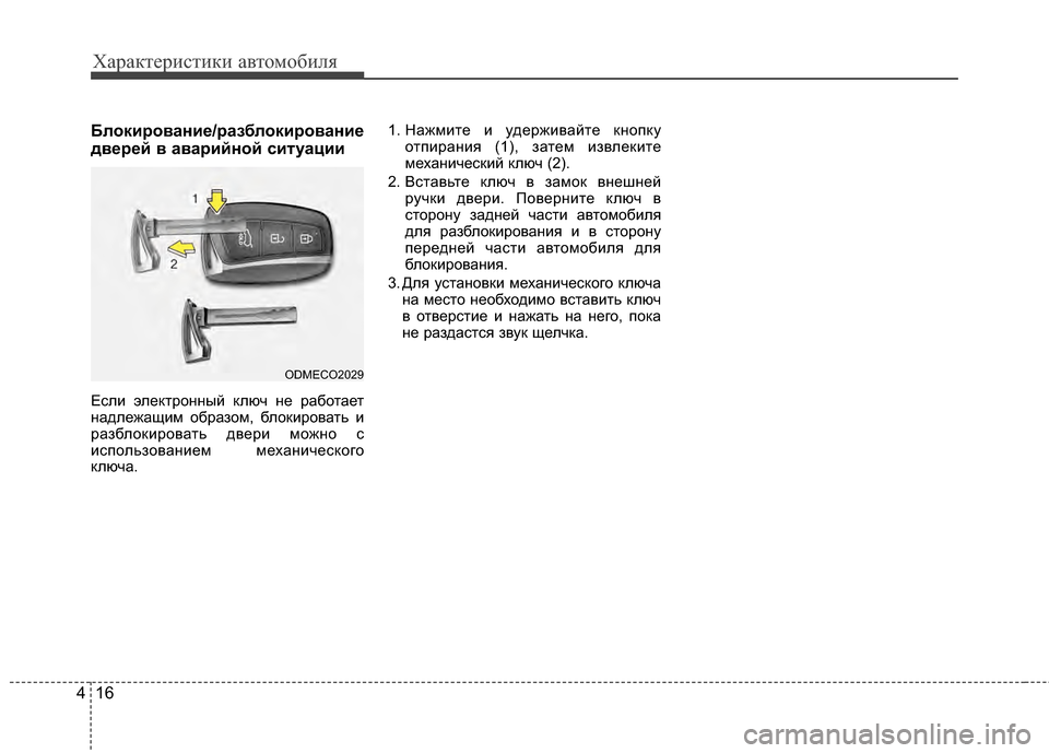 Hyundai Santa Fe 2012  Инструкция по эксплуатации (in Russian) Характер\bст\bк\b авто\fоб\bля
16
4
Блок2Lрован2Lе/разблок2Lрован2Lе
дверей в авар2Lйной с2Lтуац2L2L
Если элеKfтроKЮKЮый Kf