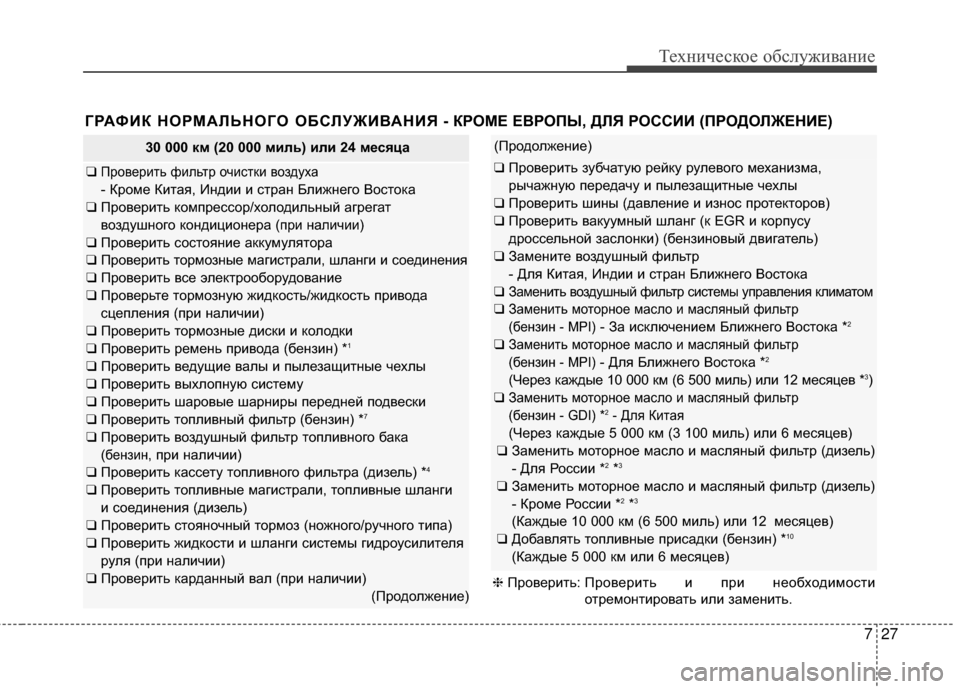 Hyundai Santa Fe 2012  Инструкция по эксплуатации (in Russian) 727
Техниче\bкое об\b\fуживание
ГРАФИК НОРМАЛЬНОГО ОБСЛУЖИВАНИЯ - КРОМЕ ЕВРОПЫ, ДЛЯ РОССИИ (ПРОДОЛЖЕНИЕ) 
30 000 км (2