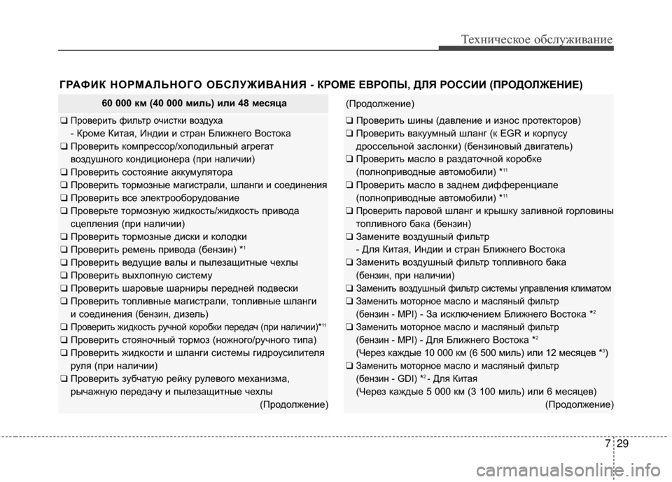 Hyundai Santa Fe 2012  Инструкция по эксплуатации (in Russian) 729
Техниче\bкое об\b\fуживание
ГРАФИК НОРМАЛЬНОГО ОБСЛУЖИВАНИЯ - КРОМЕ ЕВРОПЫ, ДЛЯ РОССИИ (ПРОДОЛЖЕНИЕ) 
60 000 км (4