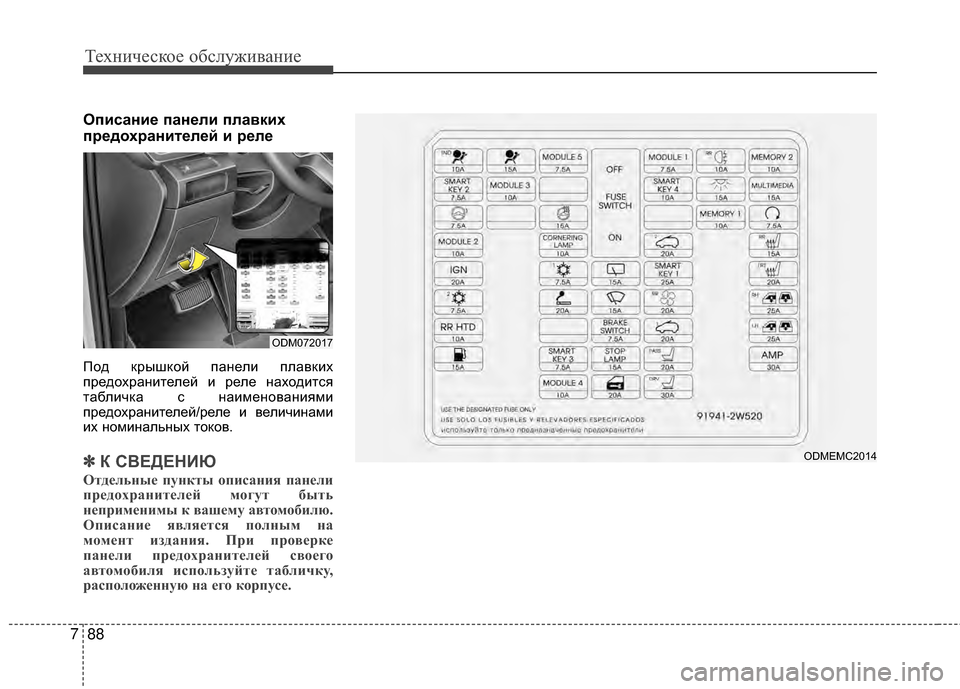 Hyundai Santa Fe 2012  Инструкция по эксплуатации (in Russian) Техниче\bкое об\b\fуживание
88
7
ОпиЗbание панеЗЙи пЗЙавких
предохранитеЗЙей и реЗЙе
Под крышкой паGШели плавких