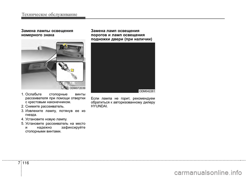 Hyundai Santa Fe 2012  Инструкция по эксплуатации (in Russian) Техниче\bкое об\b\fуживание
116
7
Замена ЗЙампы оЗbвещения
номерного знака
1. ОслабьGKе сGKопорGШые виGШGKы
рассеиваGK