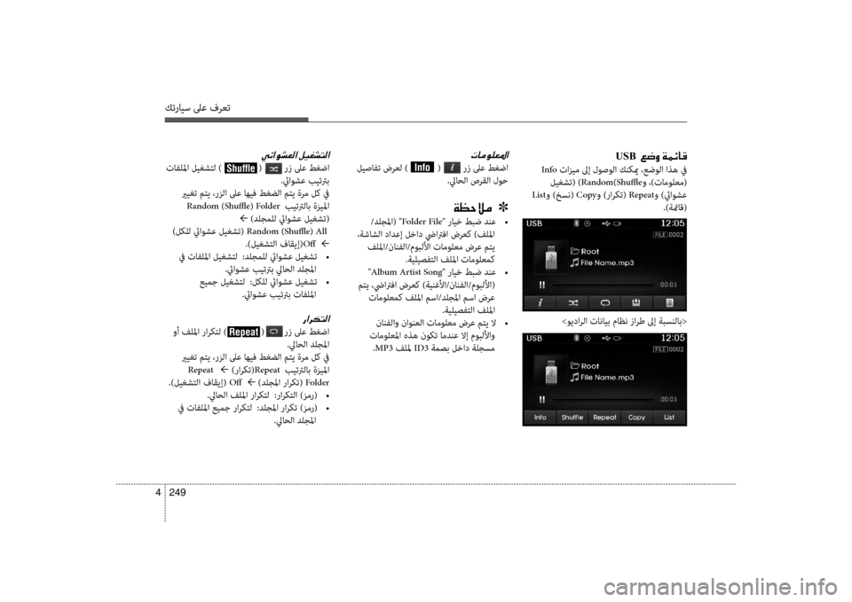 Hyundai Santa Fe 2012  دليل المالك كترايس لىع فرعت
249 
4
USB001E001E00A6007700C8001E00CF00BD00D3004000B0
 Info  تازي\f لىإ لوصولا كنكيم ،عضولا اذه في
 ليغشت( ) Random)Shuffleو ،)تا\f