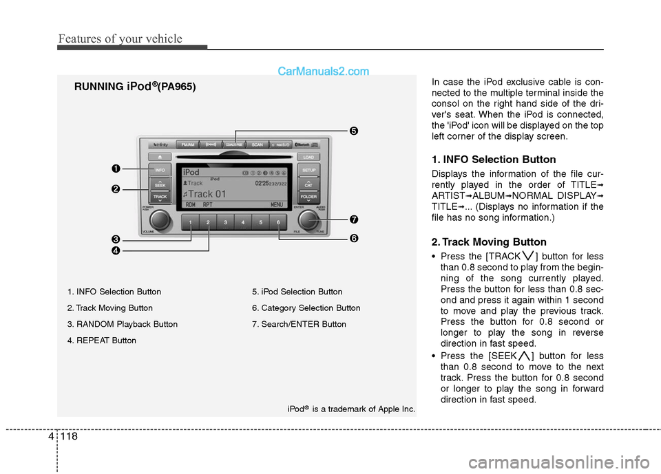 Hyundai Santa Fe 2011 Owners Manual
Features of your vehicle
118
4
In case the iPod exclusive cable is con-
nected to the multiple terminal inside the
consol on the right hand side of the dri-
vers seat. When the iPod is connected,
th Hyundai Santa Fe 2011 Owners Manual
Features of your vehicle
118
4
In case the iPod exclusive cable is con-
nected to the multiple terminal inside the
consol on the right hand side of the dri-
vers seat. When the iPod is connected,
th