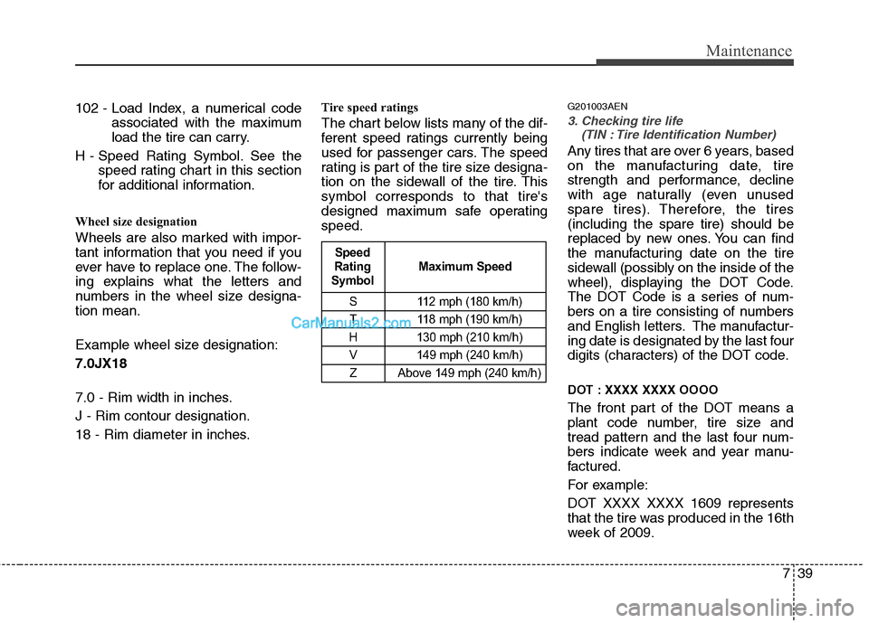 Hyundai Santa Fe 2011 Owners Manual
739
Maintenance
102 - Load Index, a numerical codeassociated with the maximum
load the tire can carry.
H - Speed Rating Symbol. See the speed rating chart in this section
for additional information.
Hyundai Santa Fe 2011 Owners Manual
739
Maintenance
102 - Load Index, a numerical codeassociated with the maximum
load the tire can carry.
H - Speed Rating Symbol. See the speed rating chart in this section
for additional information.