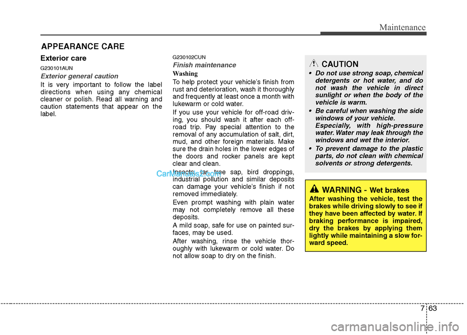 Hyundai Santa Fe 2011  Owners Manual 
763
Maintenance
APPEARANCE CARE
Exterior care
G230101AUN
Exterior general caution 
It is very important to follow the label
directions when using any chemical
cleaner or polish. Read all warning and
