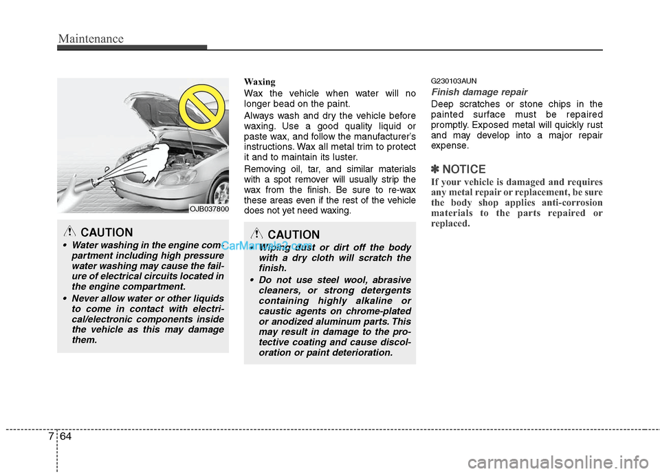 Hyundai Santa Fe 2011  Owners Manual 
Maintenance
64
7
Waxing
Wax the vehicle when water will no
longer bead on the paint.
Always wash and dry the vehicle before
waxing. Use a good quality liquid or
paste wax, and follow the manufacturer