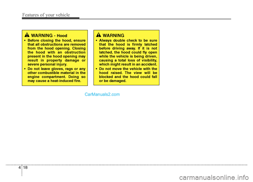 Hyundai Santa Fe 2011  Owners Manual 
Features of your vehicle
18
4
WARNING - Hood
 Before closing the hood, ensure
that all obstructions are removed
from the hood opening. Closing
the hood with an obstruction
present in the hood opening