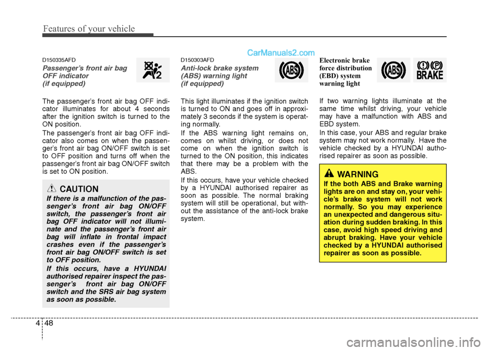 Hyundai Santa Fe 2011  Owners Manual - RHD (UK, Australia) Features of your vehicle
48
4
D150335AFD
Passenger’s front air bag
OFF indicator
(if equipped)
The passenger’s front air bag OFF indi- 
cator illuminates for about 4 seconds
after the ignition swi