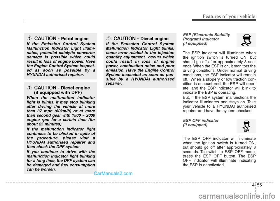 Hyundai Santa Fe 2011  Owners Manual - RHD (UK, Australia) 455
Features of your vehicle
ESP (Electronic StabilityProgram) indicator (if equipped)
The ESP indicator will illuminate when 
the ignition switch is turned ON, but
should go off after approximately 3