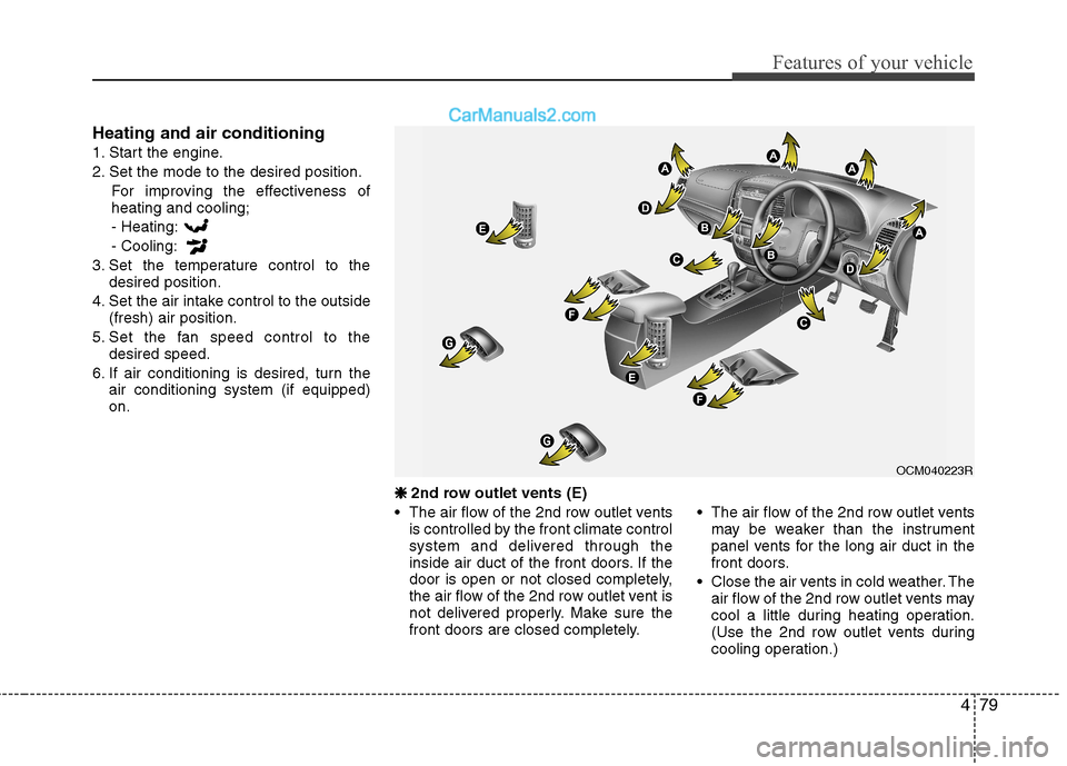 Hyundai Santa Fe 2011  Owners Manual - RHD (UK, Australia) 479
Features of your vehicle
Heating and air conditioning 
1. Start the engine.
2. Set the mode to the desired position.For improving the effectiveness of heating and cooling;- Heating: - Cooling:
3. 