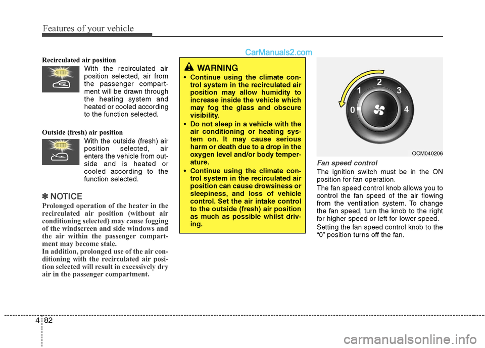 Hyundai Santa Fe 2011  Owners Manual - RHD (UK, Australia) Features of your vehicle
82
4
Recirculated air position      
With the recirculated airposition selected, air from 
the passenger compart-
ment will be drawn throughthe heating system andheated or coo
